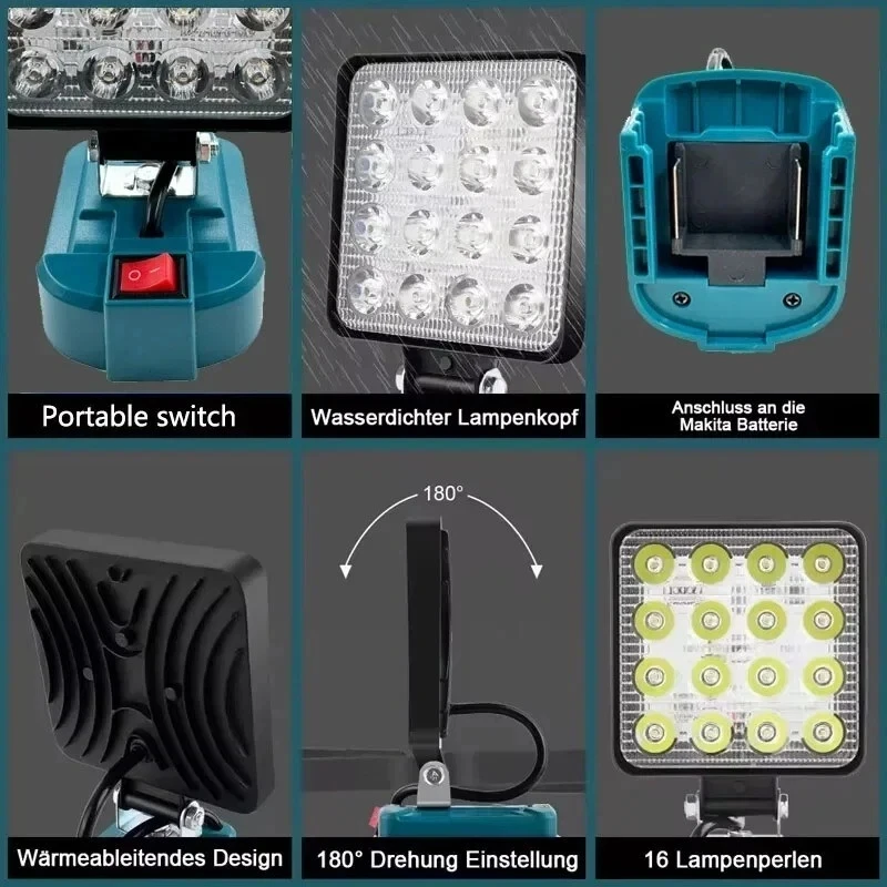Per Makita 14.4V-18V Batteria agli ioni di litio Lanterna Torcia esterna 3 pollici Cordless LED Luce da lavoro Lampada da campeggio Illuminazione di emergenza