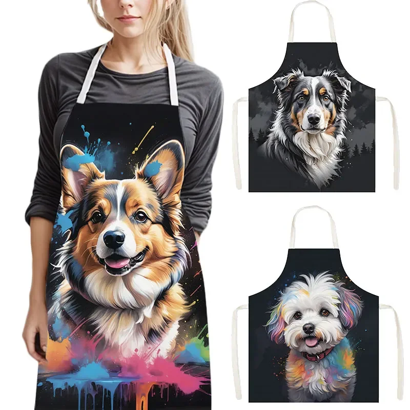 Colorful Dog Portrait Kitchen Apron - Funny Animal Graphic Linen Chef Bib for Men Women Cooking Baking Gift Decor
