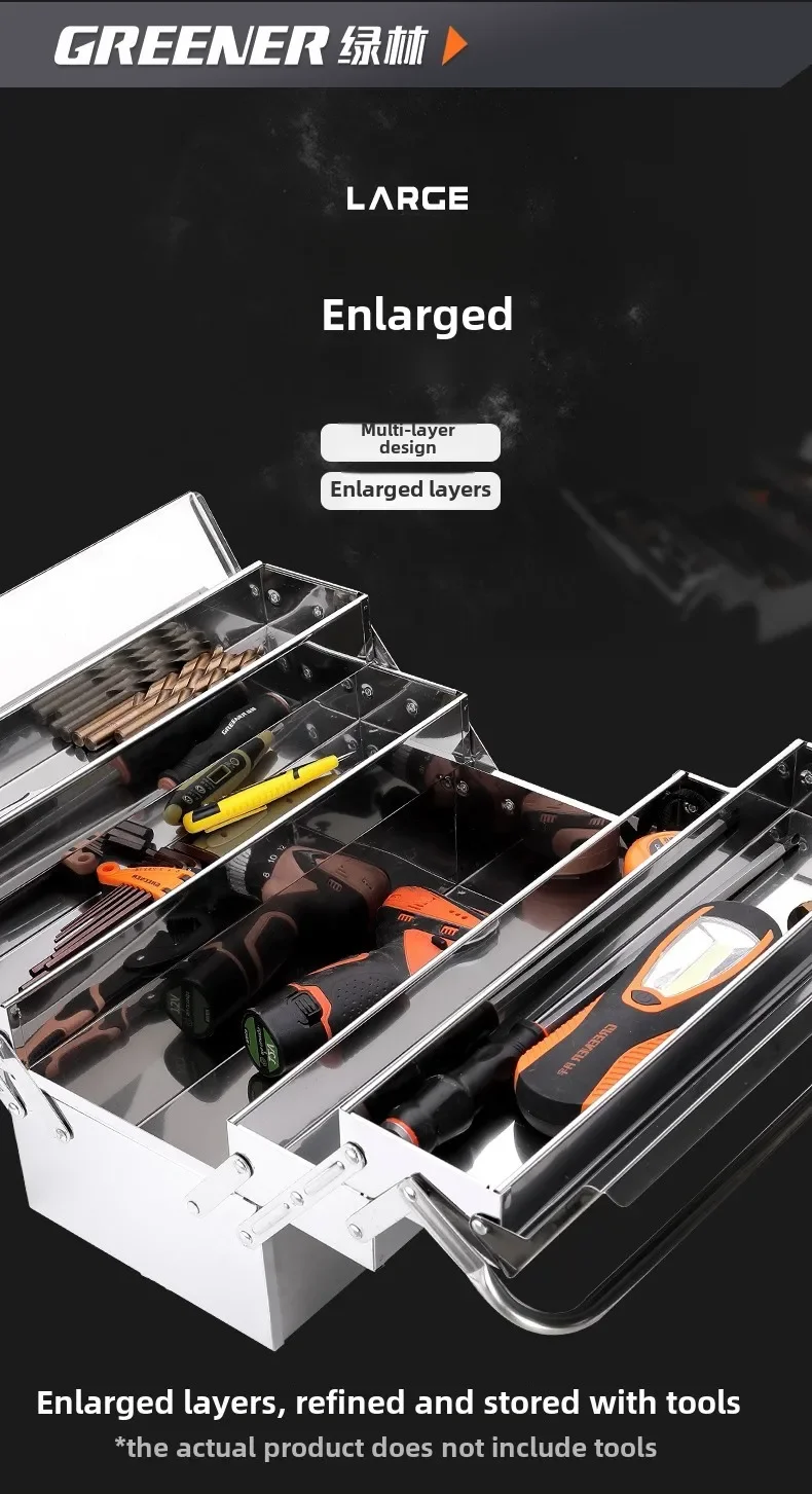 Heavy Duty Stainless Steel Toolbox with 3-Layer Folding and Carrying Handle - Industrial Grade for Home and Car