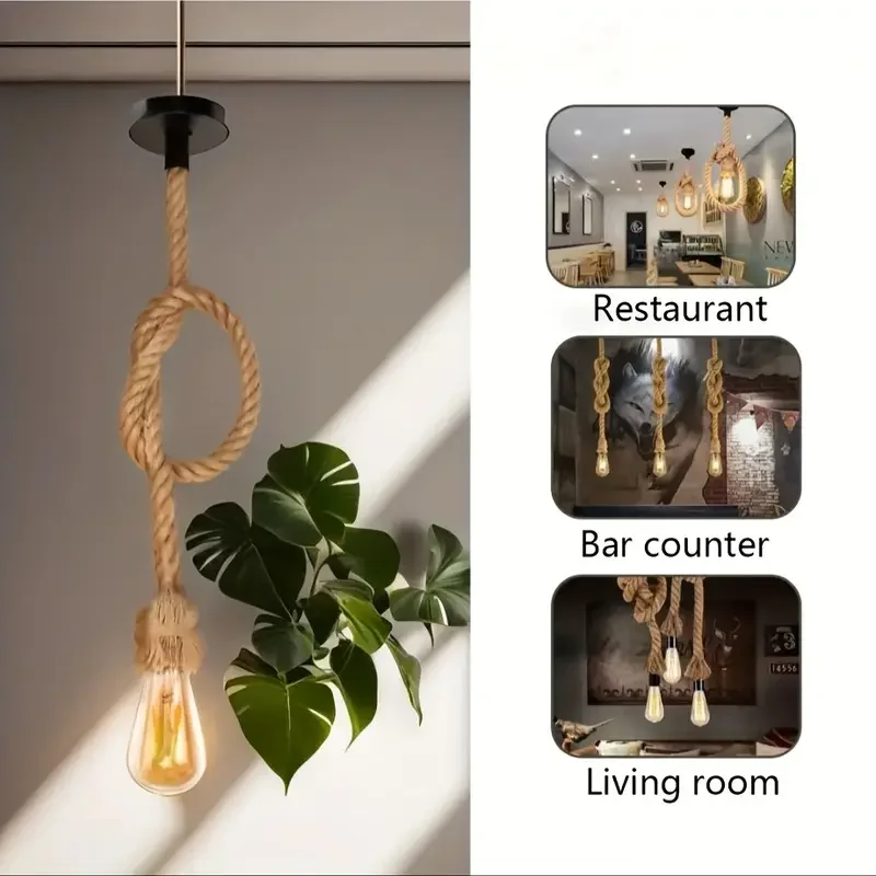 Retro Hemp Rope Pendant Light Base Vintage Industrial Chandelier E27 Ceiling Hanging Lamp for Loft Living Room Bar(No Led Bulb) image 6