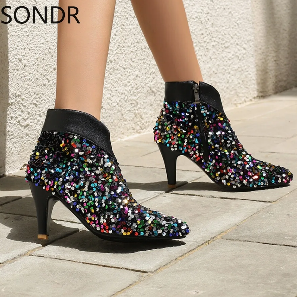 

Womens Pointed Toe Sequins Rainbow Colors Bling Ankle Boots Stilettos High Heel Sexy Party Shoes Glitter Plus Size New 2024