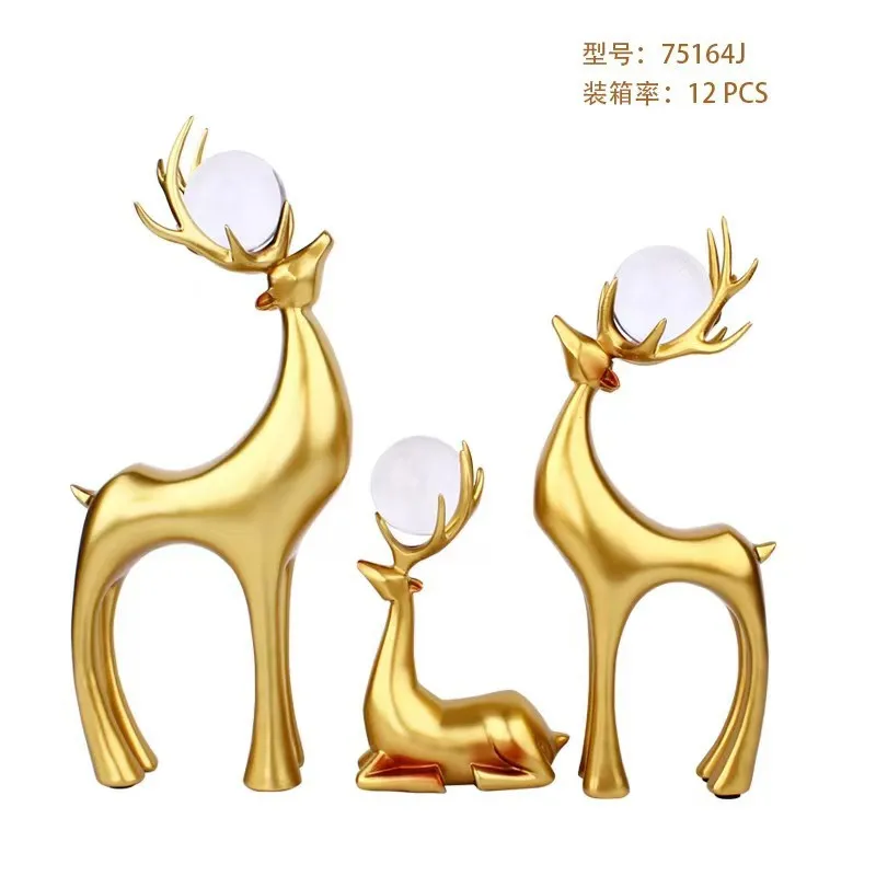 3Pcs Lucky Deer Sculpture Resin Statue Tabletop Ornament Housewarming Gifts Home Room Decoration Living Room Decoration