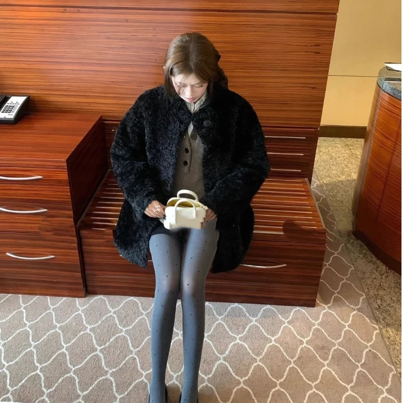 Women Mid Length Faux Lamb Fur Coat Loose Lazy Style Thick Warm Faux Fur Outerwear For Winter