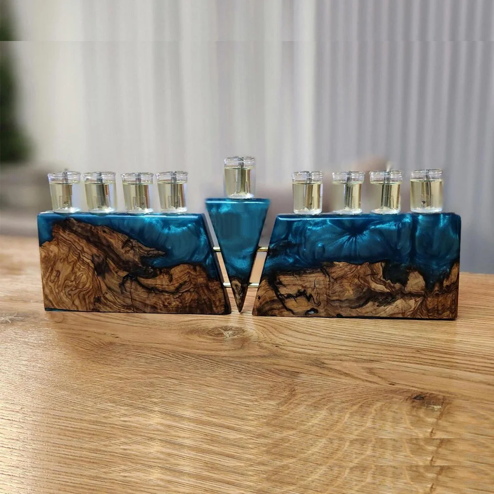 Olive Wood Epoxy Resin Chanukah Menorah Oil Cup Candle Holder Hanukkah Judaica Gift for Religious Celebration Hanukkah Menorah
