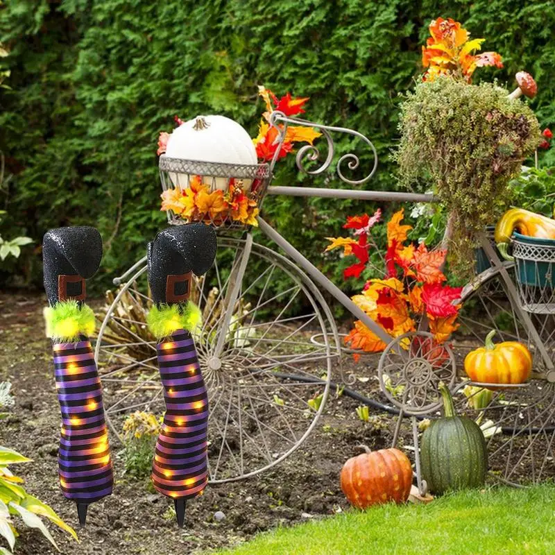 2PCS Halloween Evil Witch Legs Decoration Upside Down Wicked Wizard Feet With Boot Stake Yard Lawn Garden Halloween Decor Props