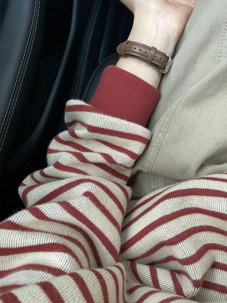 الأصلي النسيج كسول المرقعة كتلة اللون مخطط هوديي المرأة الرجعية الأحمر أعلى ربيع الخريف طويلة الأكمام جولة الرقبة تي شيرت