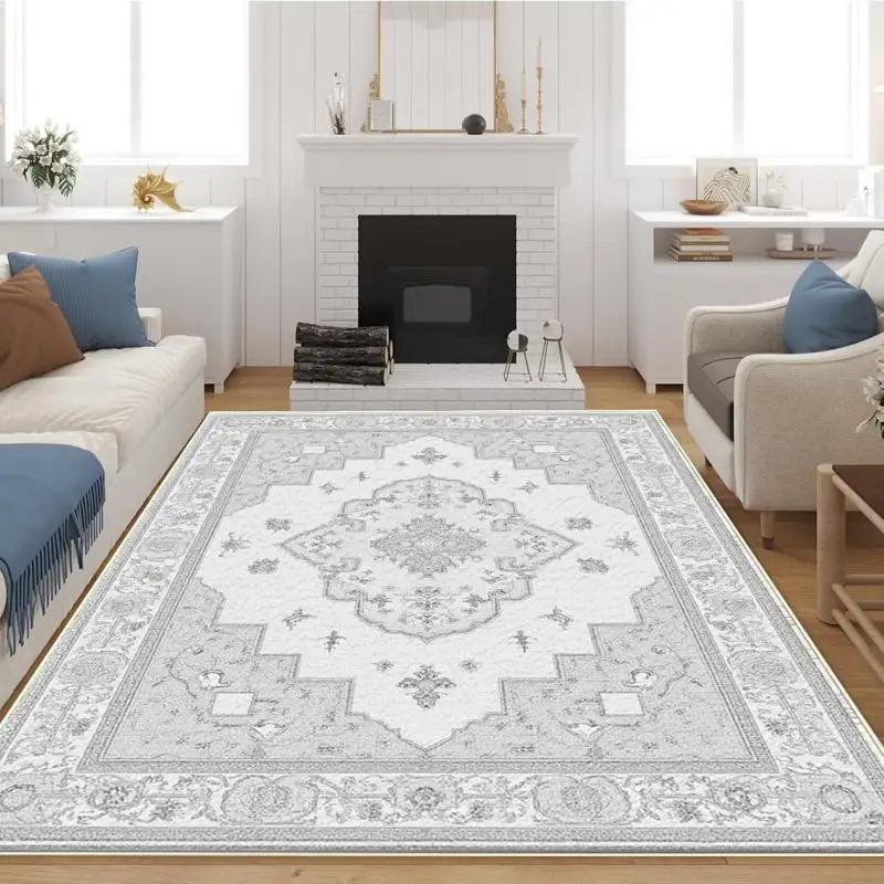 Intricate Floral Border Large Floor Mat Soft Tone Decorative Carpet For Dining Room Study And Elegant Apartment Accent