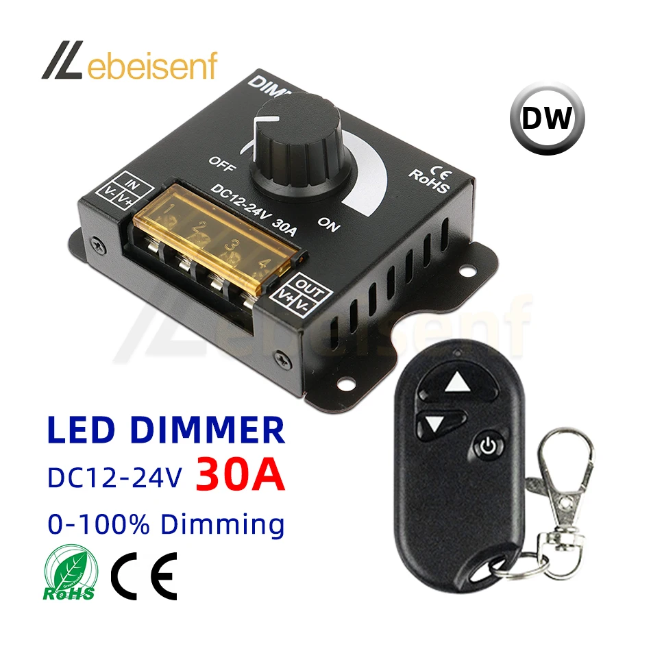 DC 12V 24V LED Rotary Dimmer 30A Single Color Strip Lights Dimmable Knob Switch Controller RF Wireless Remote Control Adj On/Off