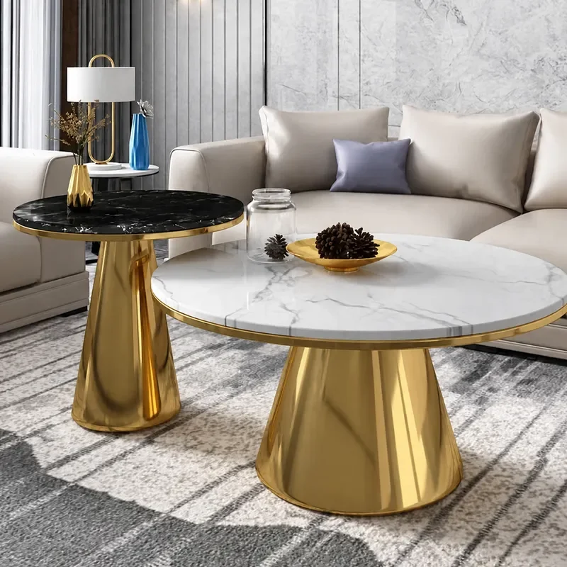 Nordic Light Luxury Marble Coffee Table Living Room Household Small Apartment Simple Modern Stainless Steel Edge Round