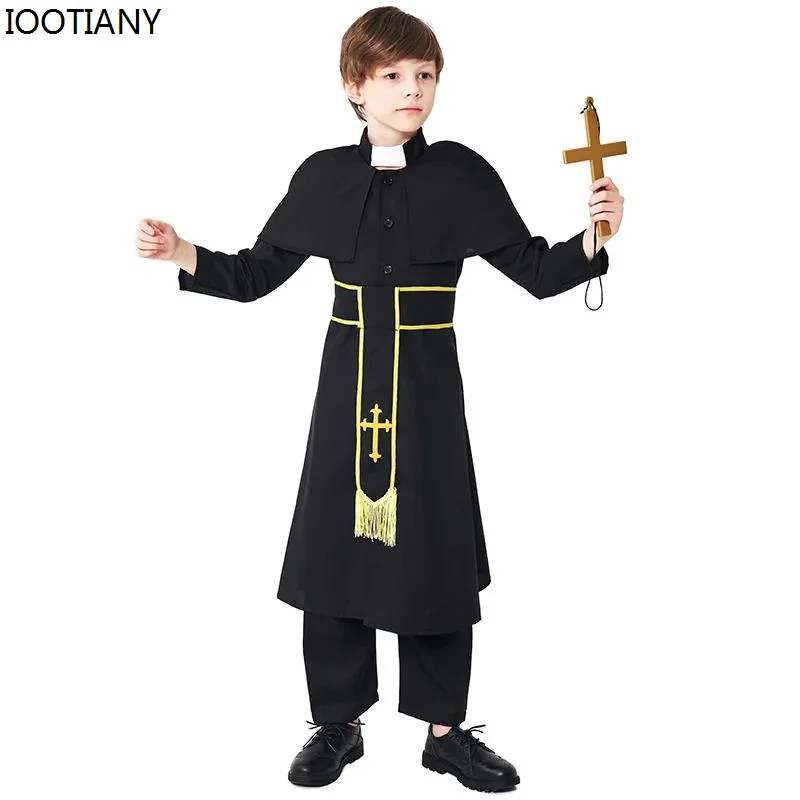 

Kids Children Religious Pastor Father Priest Cosplay Stage Costume Halloween Fantasia Costumes For Boys Carnival Party Outfits