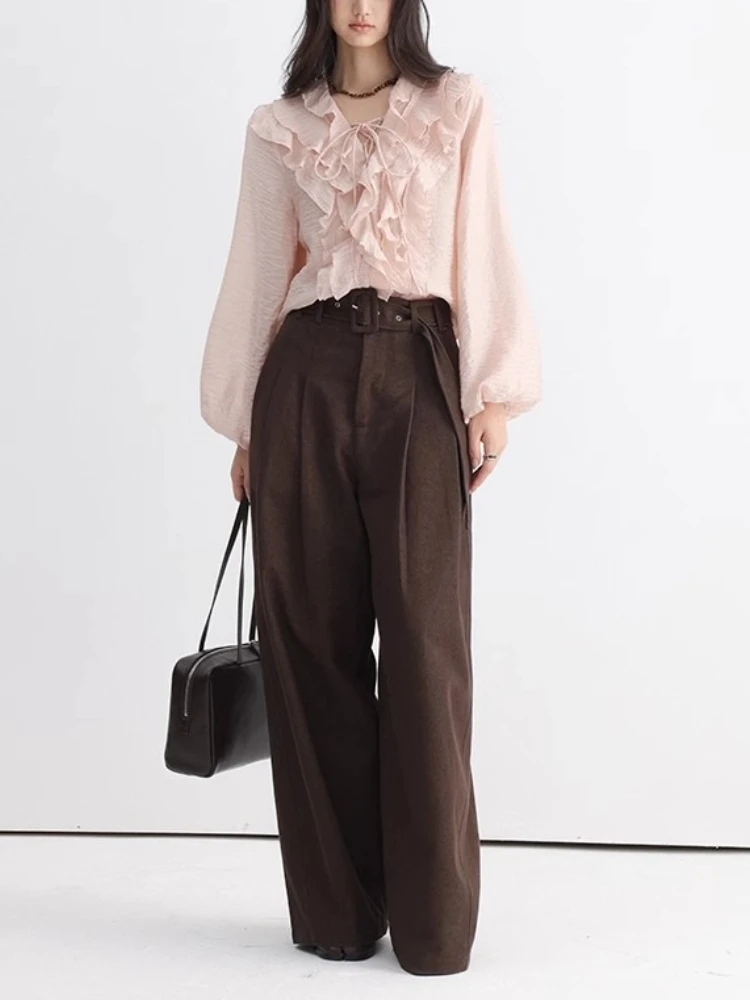 

Autumn French Elegant Ruffled V-neck Design Pullover Women Office Lady Y2k Korean Fashion Chic Long Sleeve Blouse Woman Clothes