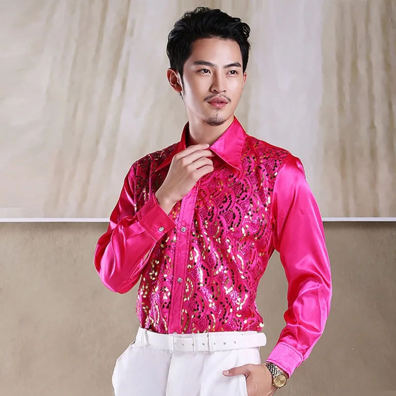Men's Sequinned Long-sleeved Shirt in Vibrant Colours, Suitable for Stage Performances, Studio Shoots and Stage Singers' Attire.