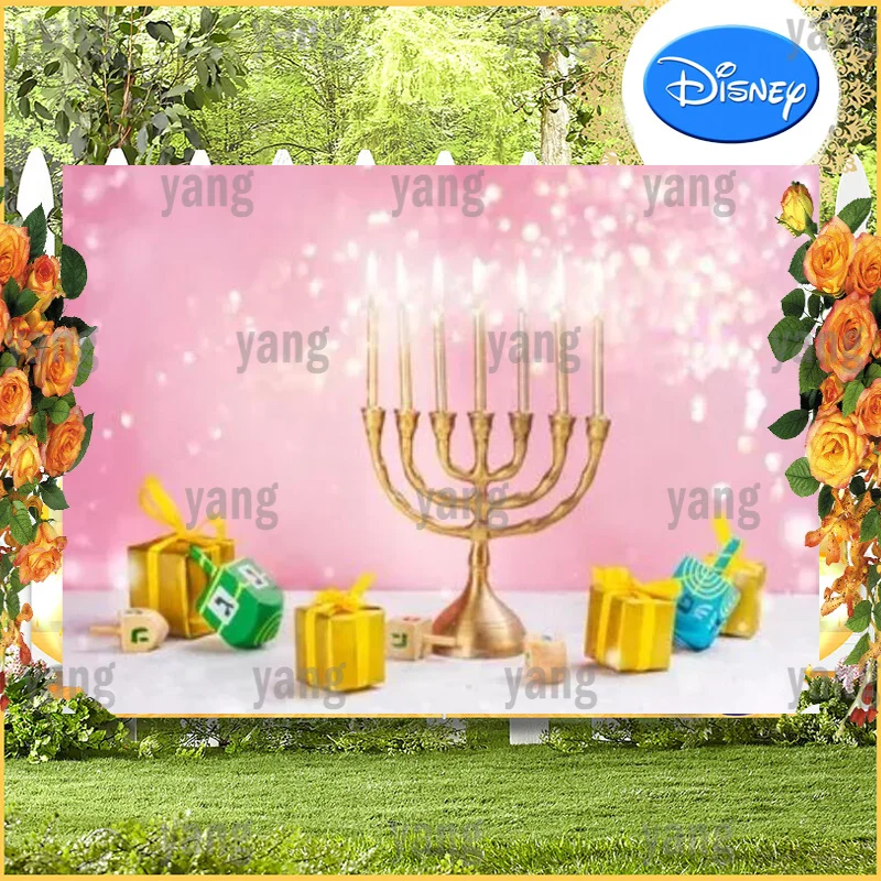 Glitter Pink Gift Food Backdrop Wall Happy Hanukkah Background Jewish Party Candle And Dots Cartoon Bedroom Decor Decoration