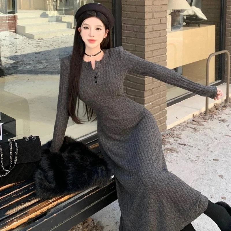 Female Knit Dress Evening Robe Fashion Casual Korean Long Deals Elegant Autumn Winter Trend Maxi Bodycon Women's Crochet Dresses