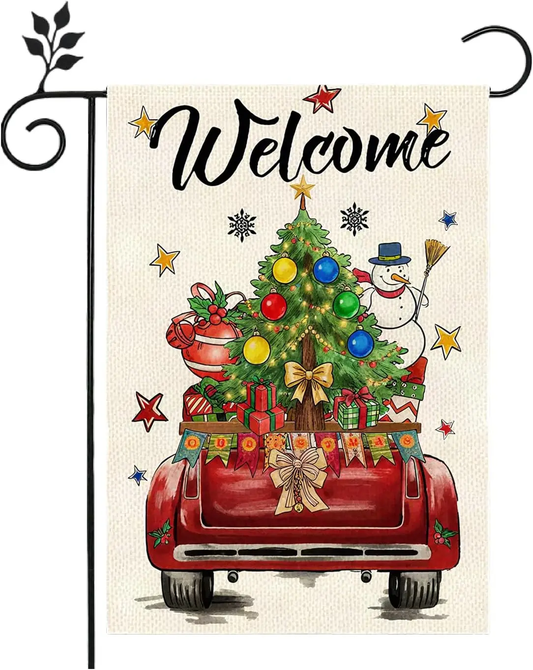 Winter Christmas Garden Flag, Red Truck with Holiday Elements, 12x18 Inches, Double Sided, Burlap, Weather & Fade Resist uui