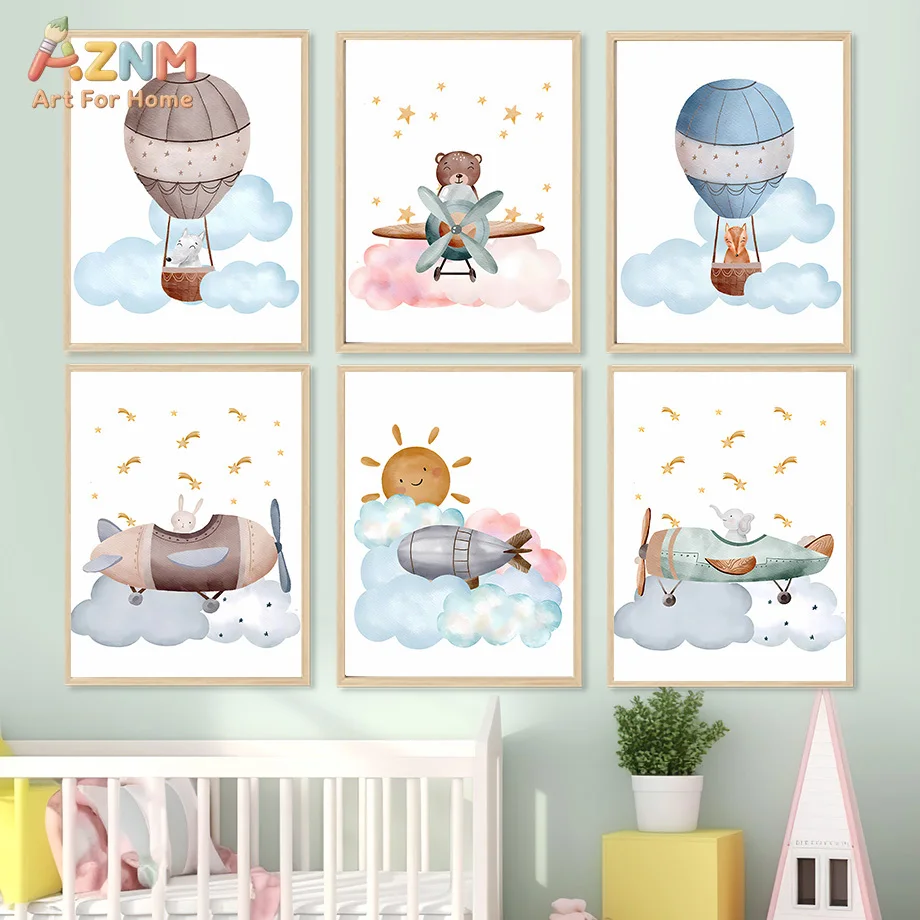 AZNM Unframed Canvas Print Watercolor Animal Airplane Hot Air Balloon Wall Art Kids Nursery Home Decor Poster