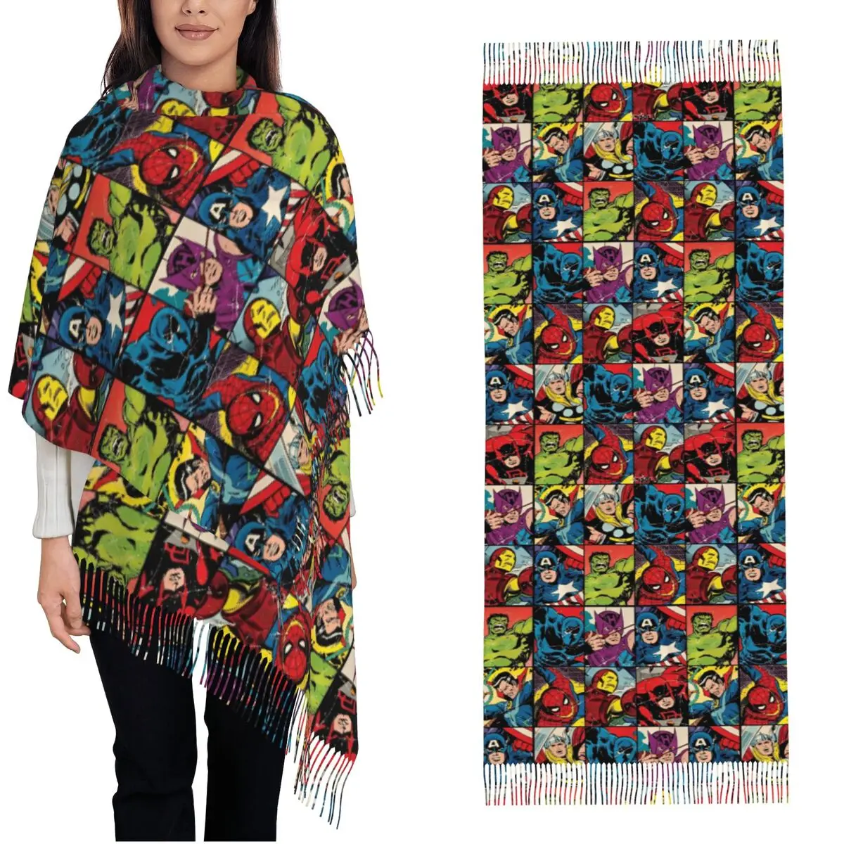 The Avengers Superhero Scarf Women Winter Fall Pashmina Shawl Wrap Cartoon Spider-Man Iron Man Long Shawl Scarf Evening Dress