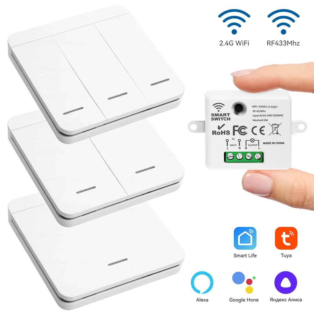 

Wireless Wall Switch 1/2/3 Gang RF 433Mhz Interruptor Light Switch Remote Control 10A 110V 220V Receiver for Alexa Google Home