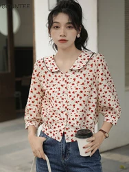 Shirts Women Floral Cozy Casual Prairie Chic Simple French Style Lady Tops Elegant Sweet Design All-match Fashion Summer Clothes