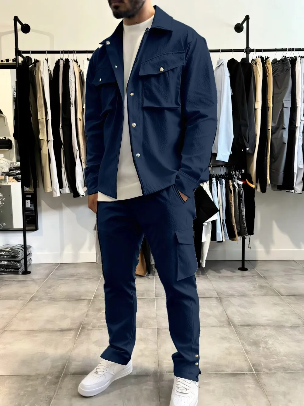 

New style fashionable men's casual solid-color collar workwear high-quality multi-pocket long-sleeved jacket and trousers set