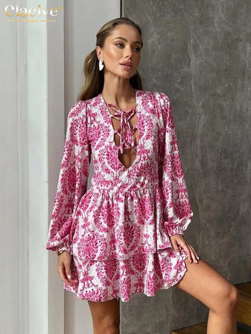 

Clacive Fashion Loose Print Women's Dress Sexy Lace-Up V-Neck Long Sleeve Mini Dresses Elegant High Waist Pleated Female Dress