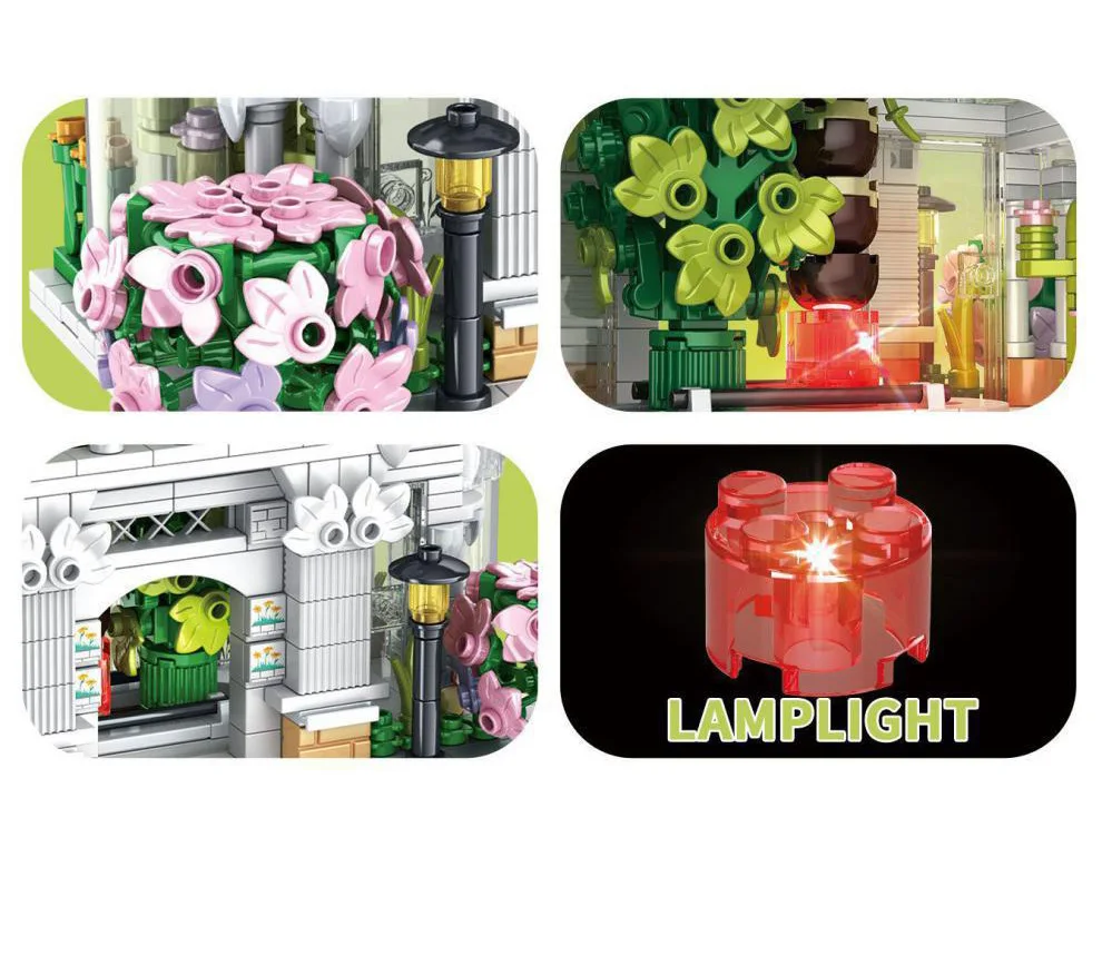 Cidade vista de rua arquitetura flor casa loja bloco de construção streetscape florista modelo tijolo brinquedos de construção com luz