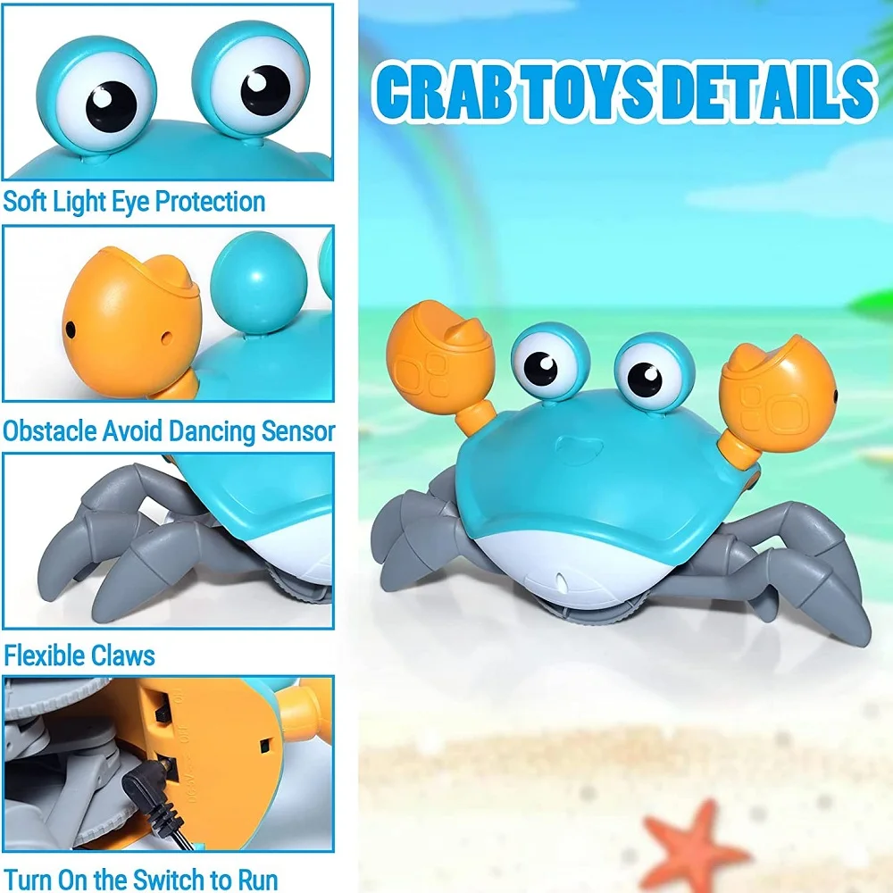 Crawling Crab Toy for Baby Rechargeable Crab Run Away with Music Led Light Up Toddler Gift Electric Induction Escape Toys