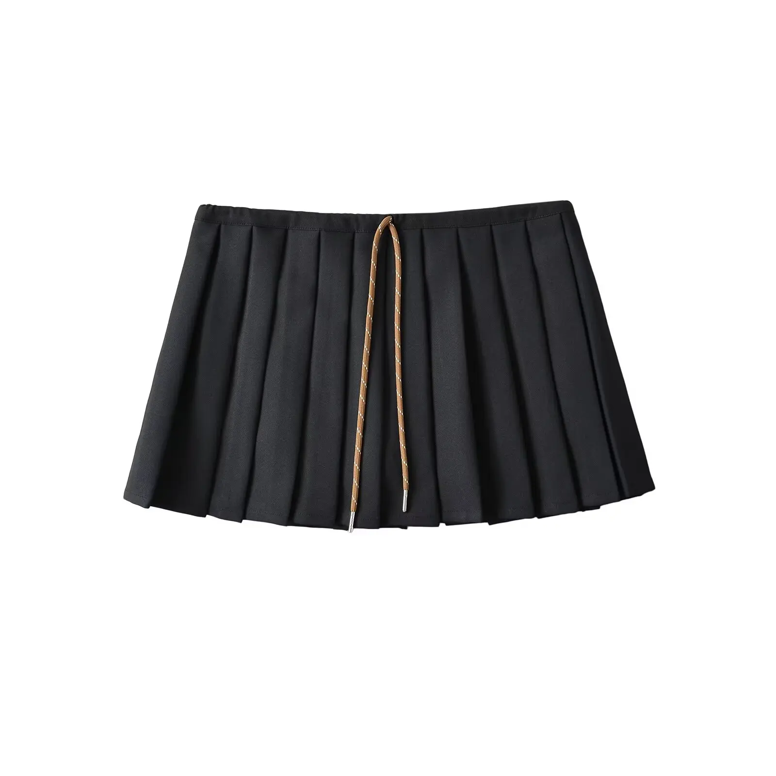 กระโปรงพลีทสีขาวทรงเอสำหรับผู้หญิง กระโปรงทรงเอเอวต่ำแบบผูกเชือก ผ้าบางเบา สไตล์เกาหลี