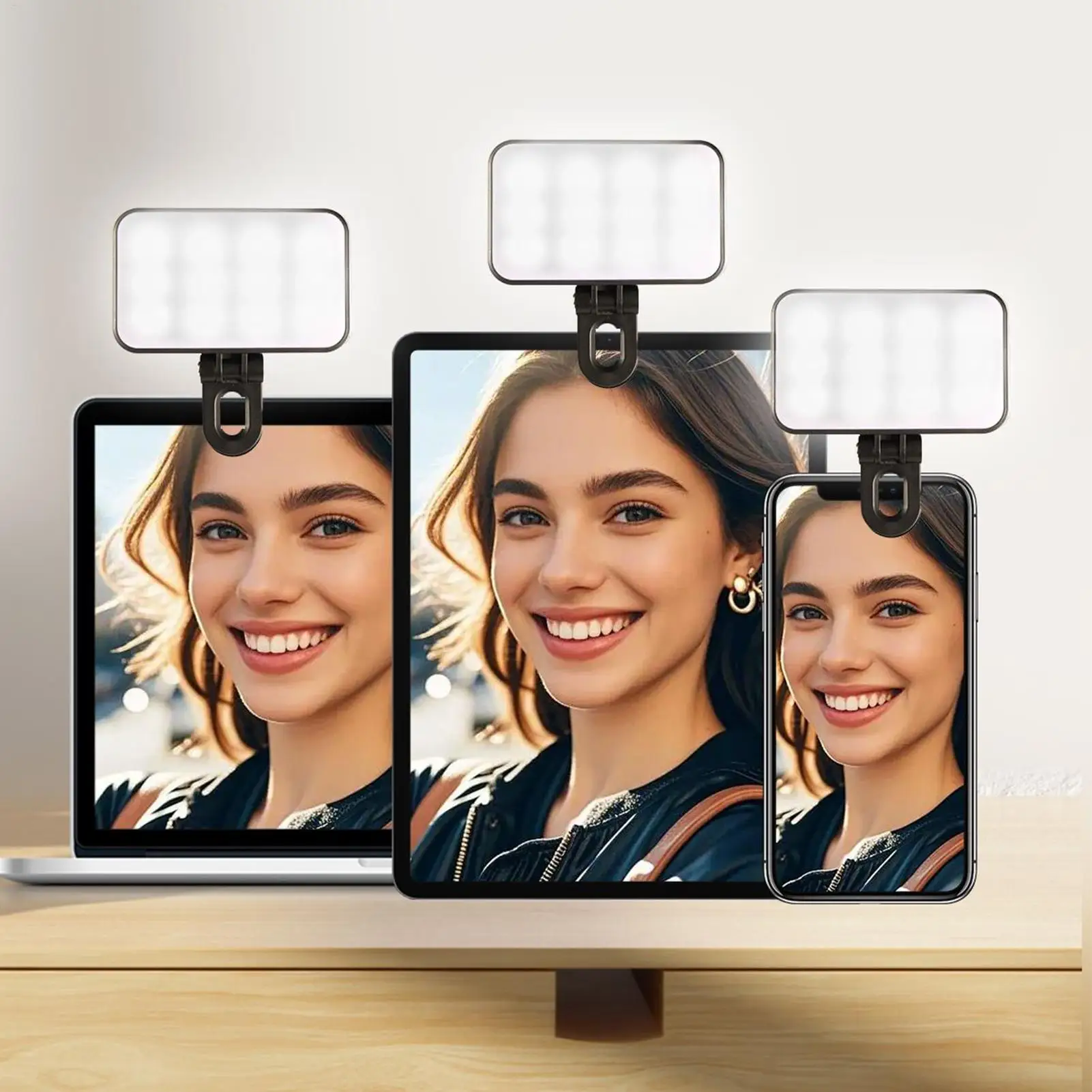 미니 충전식 셀카 조명 LED 라이트 3가지 색상 모드 조절 가능한 밝기 클립형 LED 라이트 휴대폰 브이로그 메이크업용