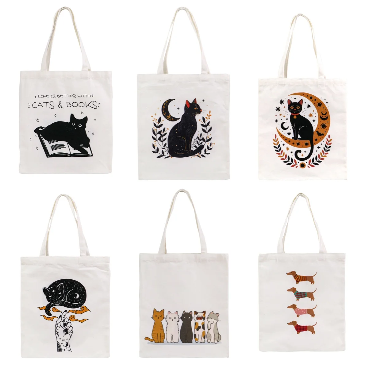 Cute Moon Black Cat Canvas Bag Capacious Tote Handbag Casual