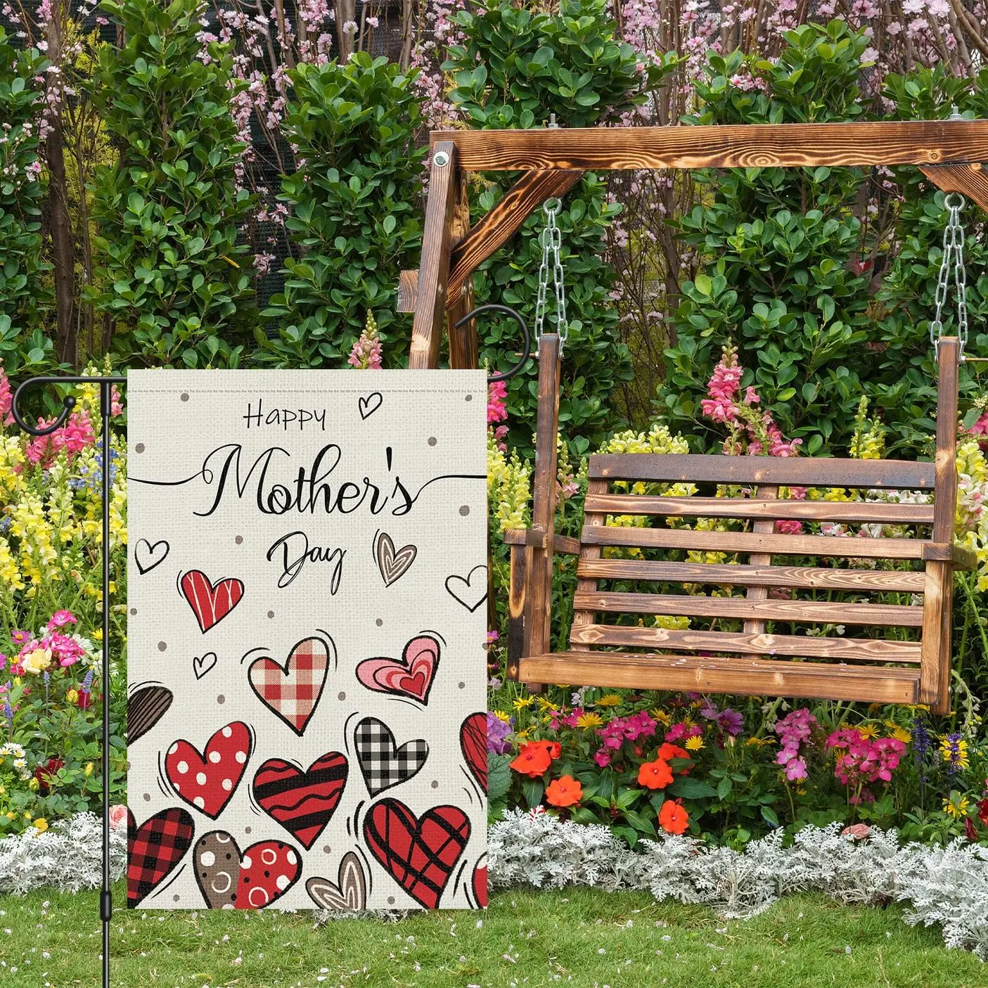 Louise Maelys Happy Mother's Day Garden Flag 12x18 Double Sided for Mom, Burlap Small Buffalo Check Plaid Love Garden Ya WWP