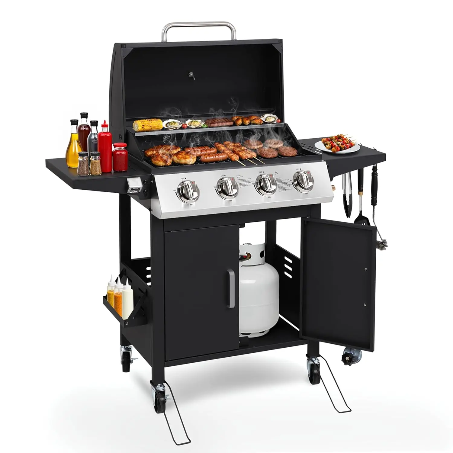 

4 Burner Propane Gas BBQ Grill with Wheels, 40,000 BTU Output Stainless Steel Barbecue Grill for Backyard & Outdoor, Customized