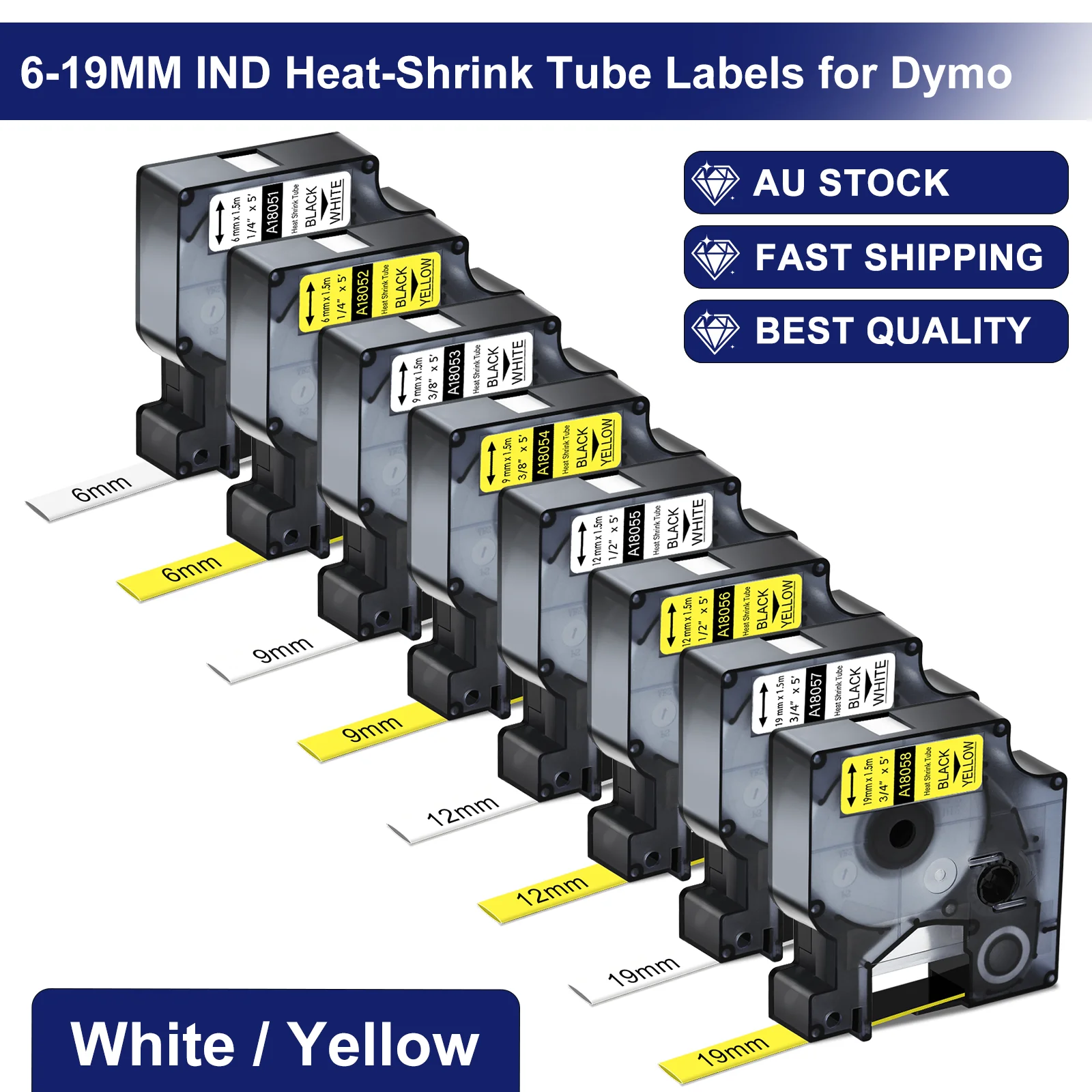 

3/4/5/10PK IND Heat-Shrink Tubes for Dymo 18051 18052 18055 18056 6/9/12/19/24mm Industrial Label for DYMO Rhino 4200 5200 3000