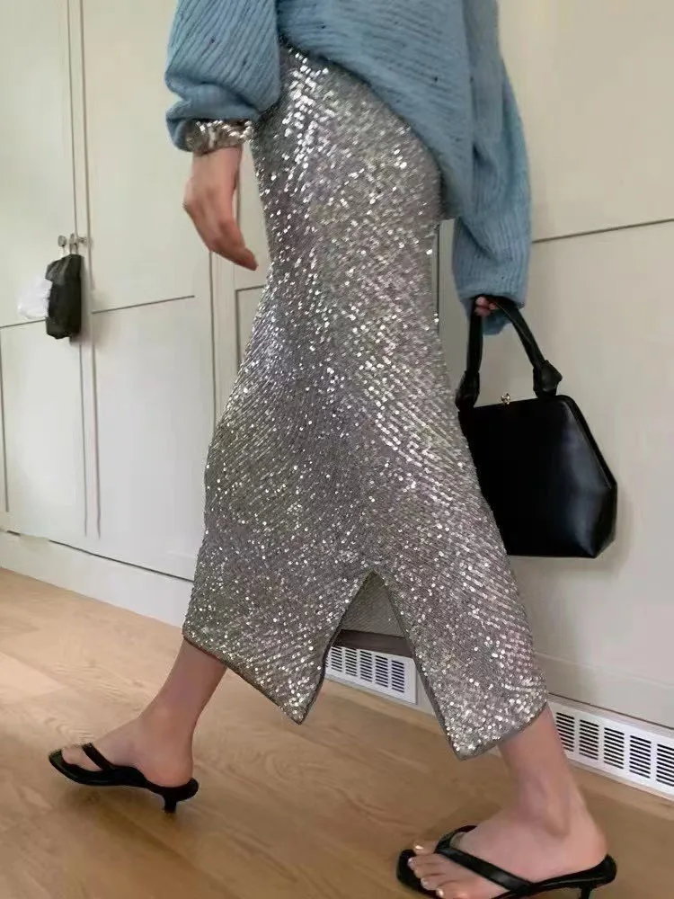 

Новая модная юбка-миди с пайетками и высоким разрезом, облегающая, с богатой вышивкой, стройнящая, А-силуэт, для женщин, коллекция 2025 года