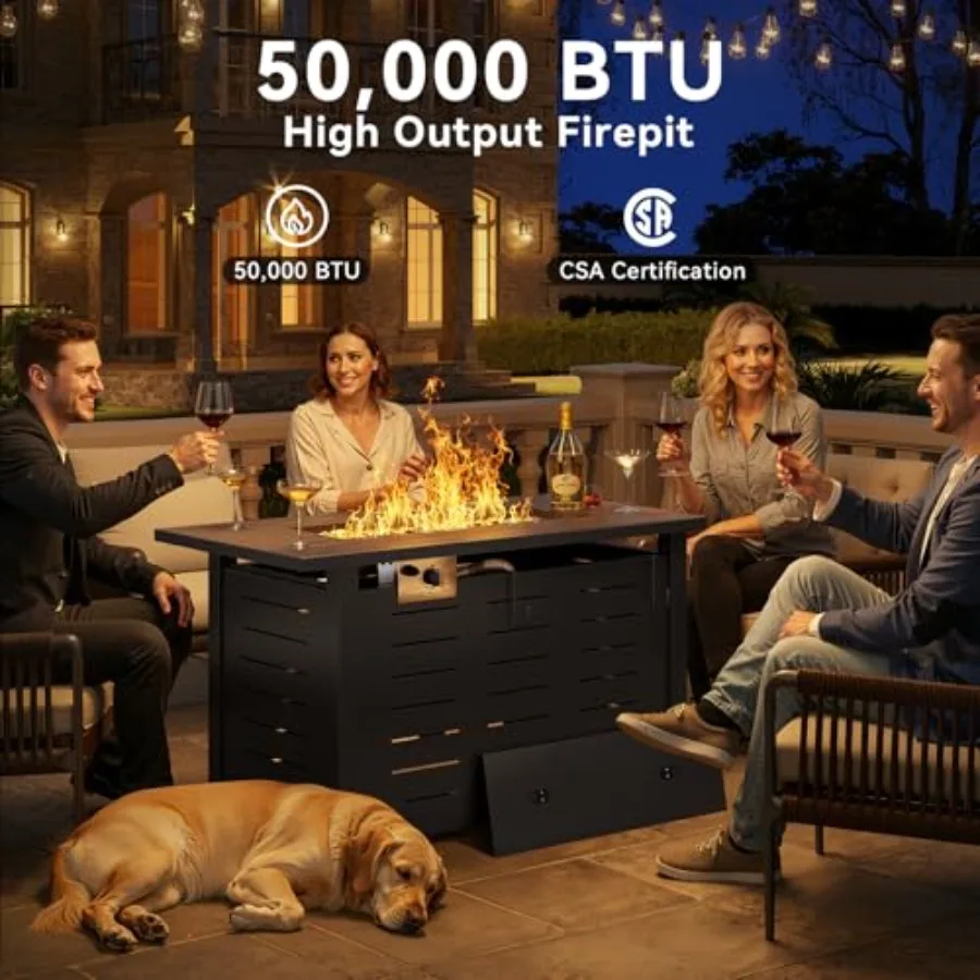 Outdoor propane fire pit table for patio, deck, backyard black steel, 50, 000 BTU, rectangle shape, includes removable lid and