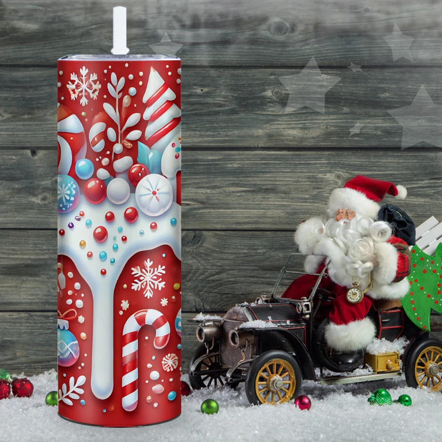 1Pc Merry Christmas Drink Mugs Straw Lid 20oz Stainless Steel Insulated Tumblers 3D Print Christmas Party Tumblers Family Gifts