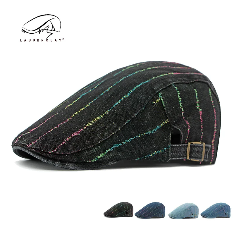 

2024 spring and summer new women's cap personalized color line washed denim beret men's British retro forward hat