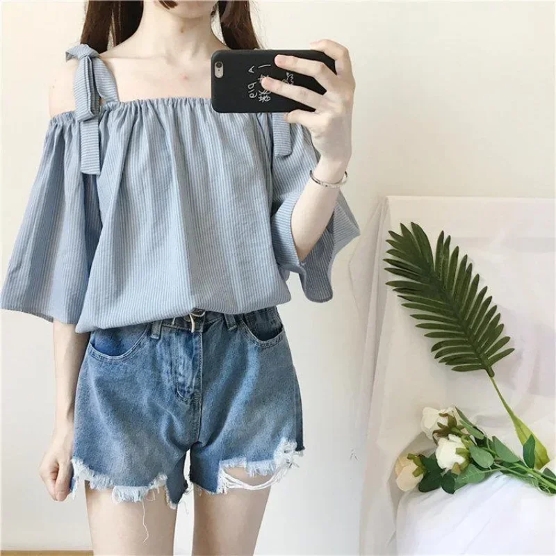 Sweet Off Shoulder Striped Shirts Summer New Short Sleeve Loose Hollow Out Lacing T Shirt Tops Fashion Korean Women Clothing