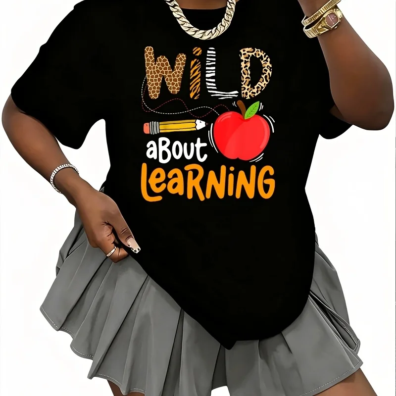 Wild about Learning Back to School Leopard Teacher Student Women's 100% Cotton T-Shirt Fun Print Short Sleeve Top Casual Round Neck Tee S-5Xl