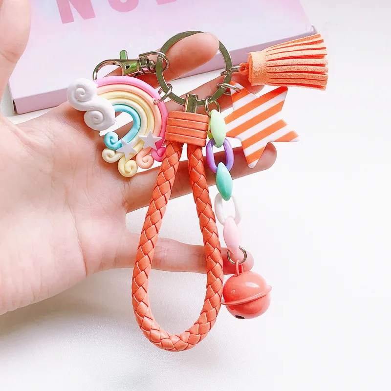 Korean Version Cute Girl Heart Creative Soft Pottery Rainbow Keychain School Bag Lollipop Pendant Student Key Accessorie Gift