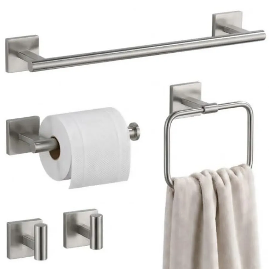 

16" Bathroom Hardware Set 5-Piece Fingerprint-Free SUS304 Stainless Steel Towel Bar for Small Bath and RV Modern Square Bath Ac