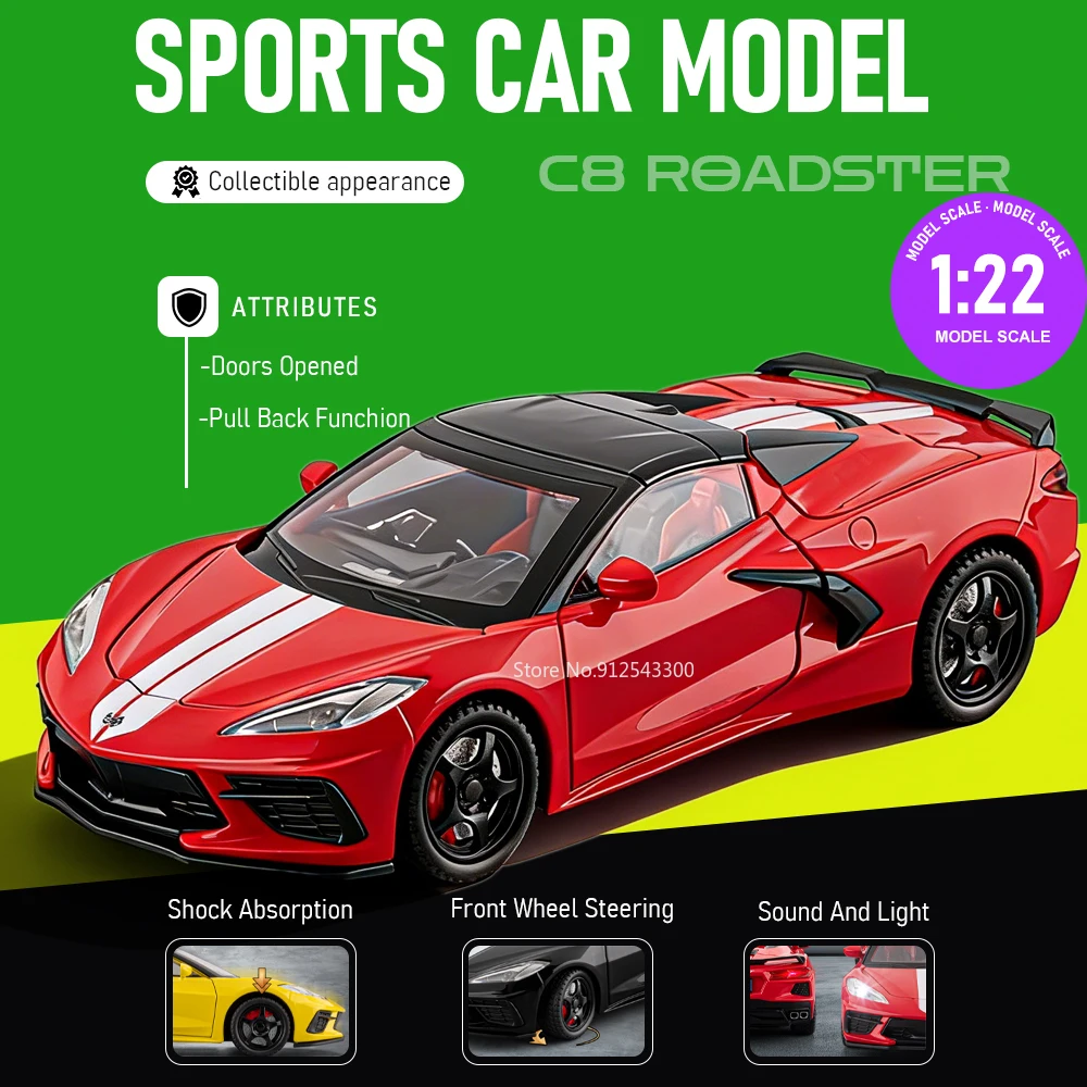 

Масштабная модель автомобиля C8 Cobra Roadster 1:22, игрушка с открывающимися дверями, откатным механизмом, звуком и светом, с функцией поворота передних колес, для декора гостиной