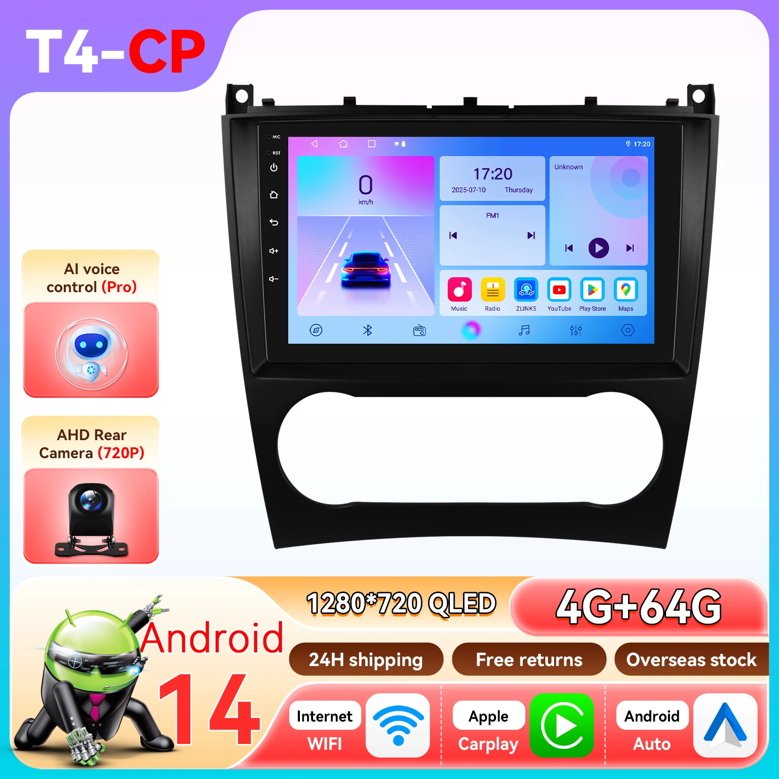 Hizpo 9 "Android 14 Autoradio Voor Mercedes Benz CLC W203 C-Klasse C180 C200 CLK200 CLK W209 Carplay 4G BT GPS Door Snapdragon 6115