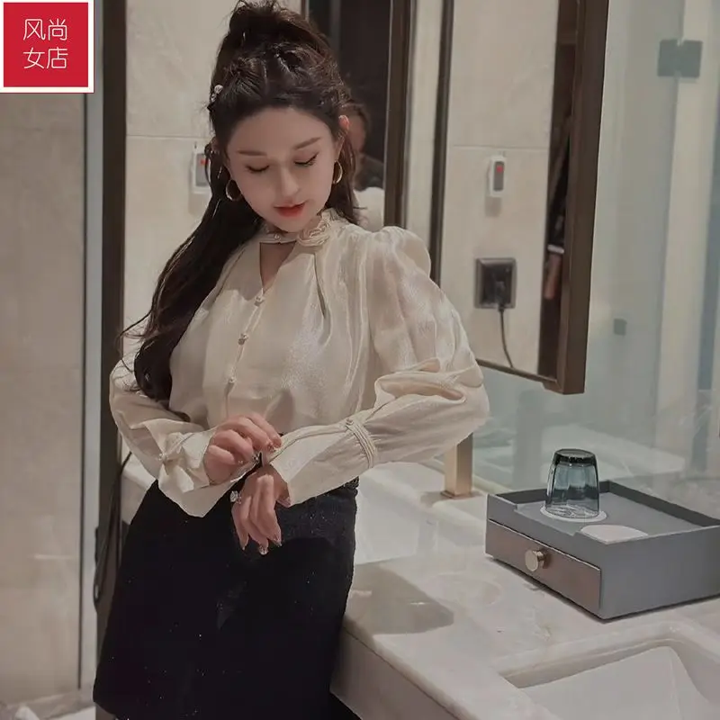 French Chic and Beautiful Winter New Style Loose and Luxurious Retro Solid Color Versatile Slimming Long Sleeved Shirt for Women