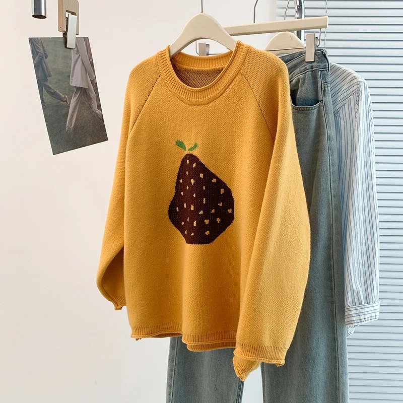 

Ladies' Lazy Sle Knitted Sweater Boting irt Overhead Design Pear Pattern Faionable Reducing Age Base Layer Top