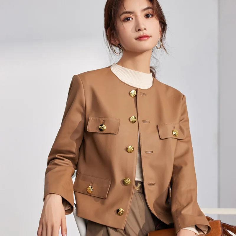 Autumn New   Short Round Neck Fashion Versatile Leather Sheep Belt Buckle Coat