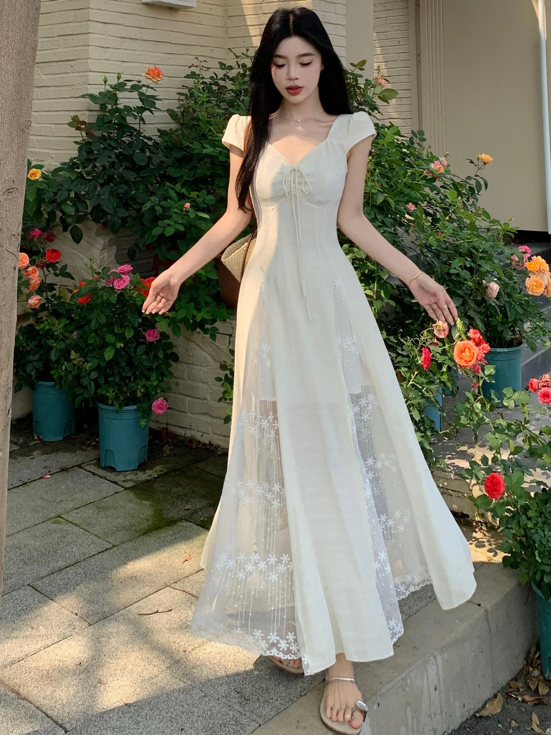 

plus Size Floral Print Square Ne Dr Women's Summer New Sle Waist Cinching Belly Covering Long Dr Korean Sle Commute