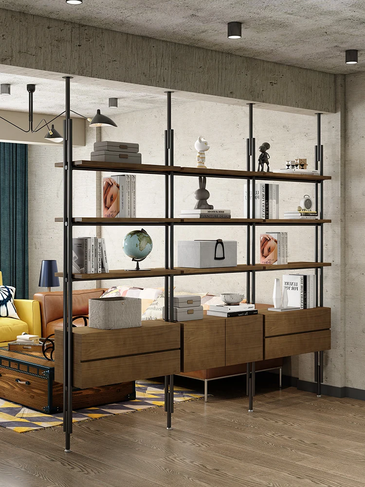 Partition Shelf Customized Office Wrought Iron Solid Wood Screen Multi-layer Bookshelf Industrial Style Bookcase Display Shelf