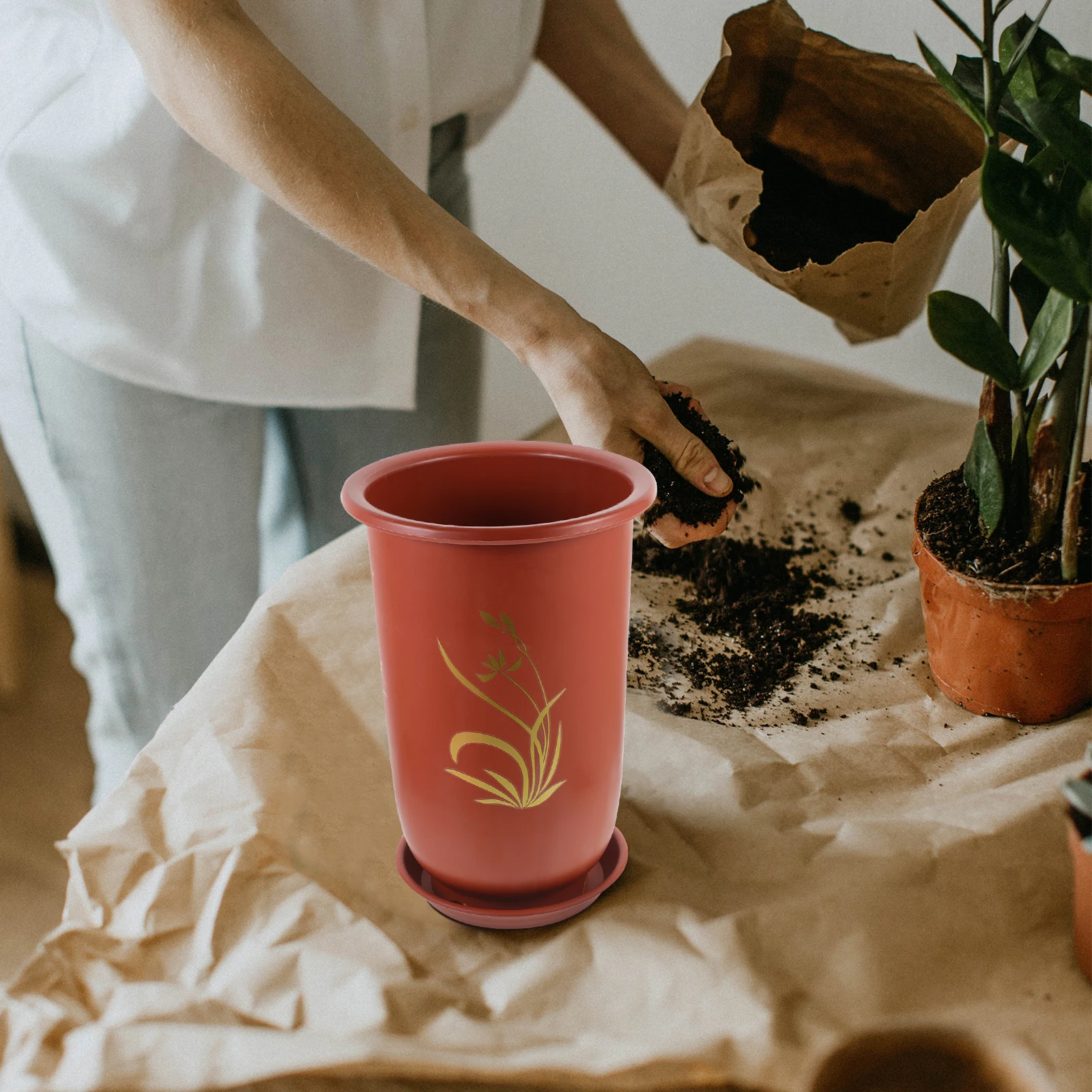 

2 set Plastic Orchid Pot With Tray Indoor Flower Planting Holder Modern Drainage Design For Home Garden Decor Flowerpots