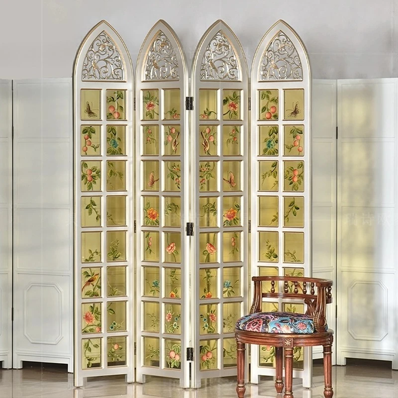 Black screen flower and bird pattern foldable living room partition screen